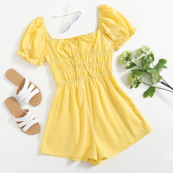 

Tie Front Off Shoulder Puff Sleeve Crinkle Waist Romper, Yellow