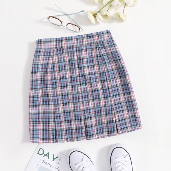 

Zipper Side Boxy Pleated Hem Plaid Skirt, Multicolor