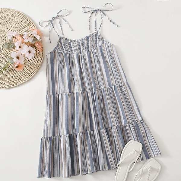 

Knot Shoulder Shirred Detail Tiered Hem Striped Slip Dress, Multicolor