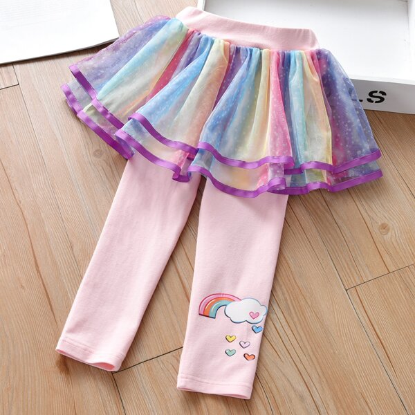 

Toddler Girls 2 In 1 Contrast Mesh Cartoon Graphic Pants, Multicolor