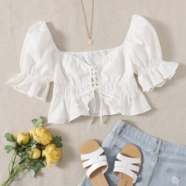 

Lace Up Front Flounce Sleeve Peplum Top, White