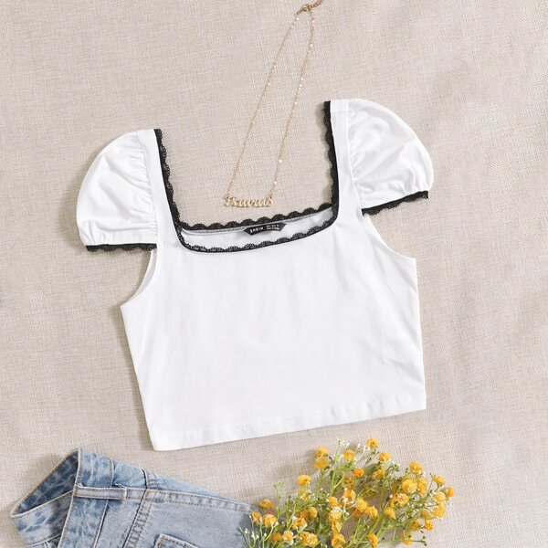 

Contrast Lace Puff Sleeve Tee, White
