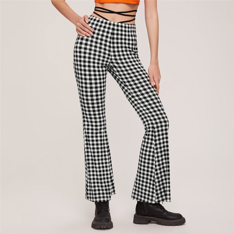 

Gingham Lace Up Waist Flare Leg Pants, Black and white