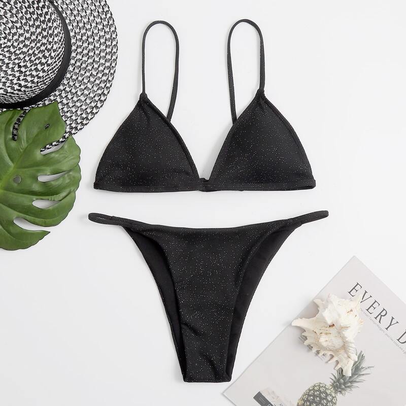 

Glitter Decor Thong Bikini Swimsuit, Black