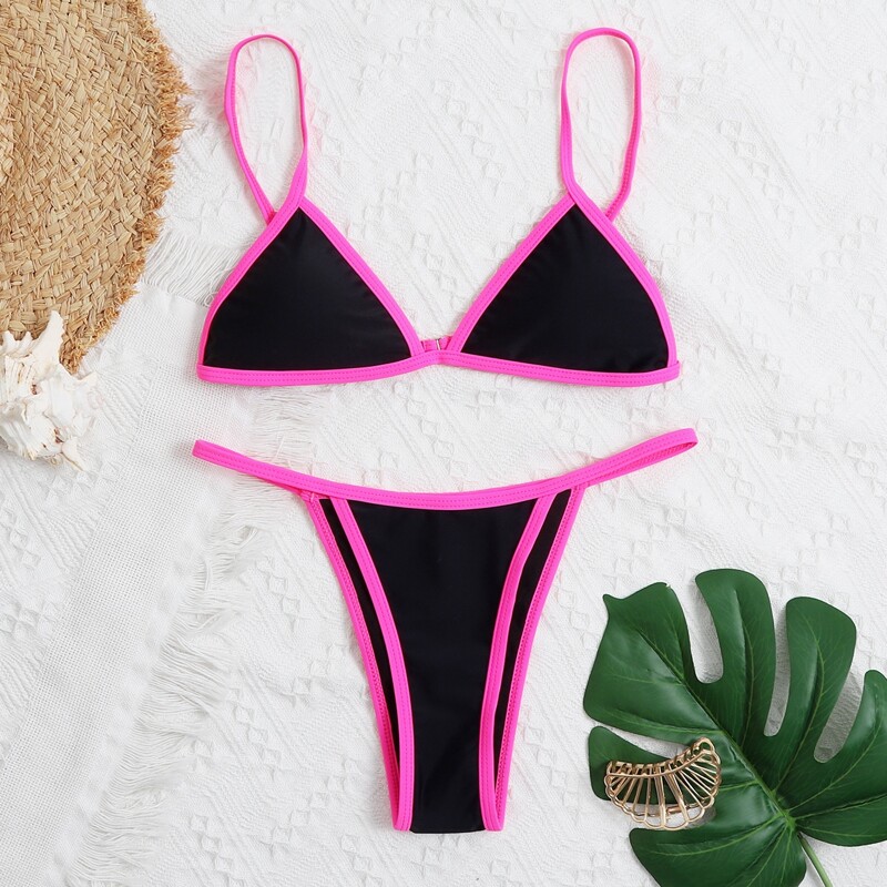

Contrast Binding Thong Bikini Swimsuit, Black