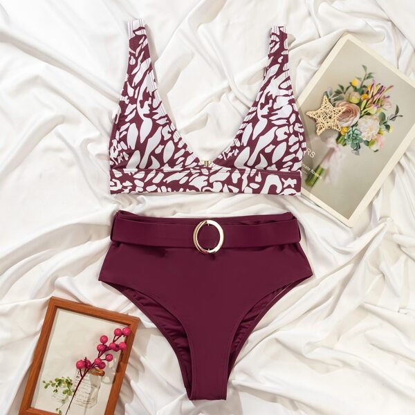 

Graphic Belted High Waisted Bikini Swimsuit, Maroon