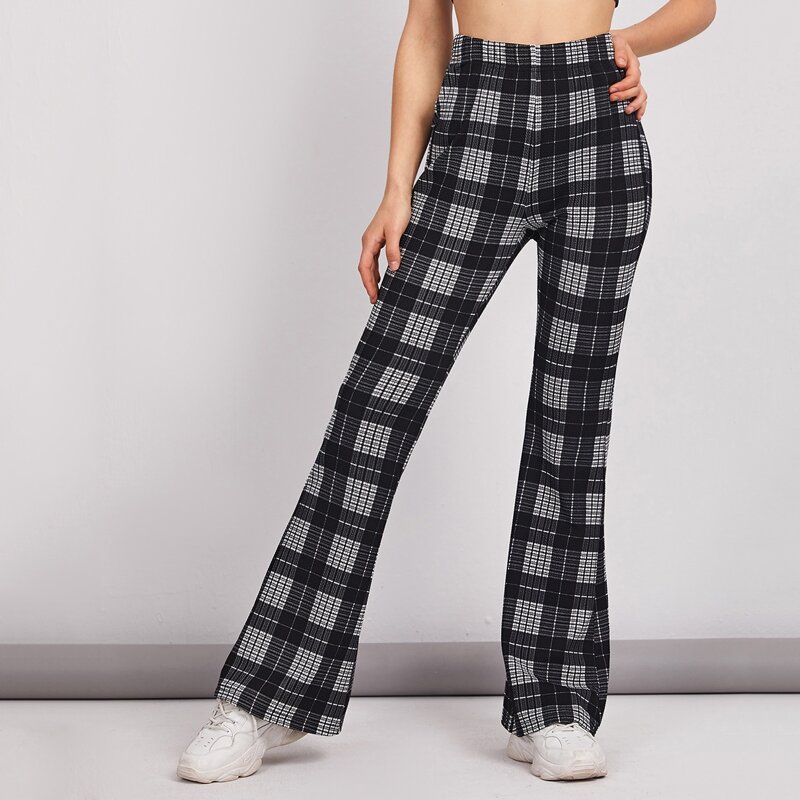 

Elastic Waist Flare Leg Plaid Pants, Black and white