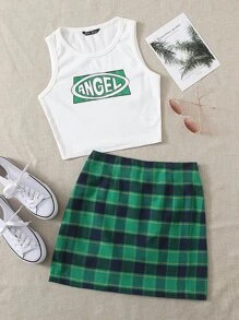 SHEIN Qutie 字母圖案羅紋針織短版背心上衣和格紋半身裙套裝