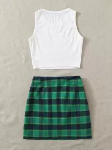 SHEIN Qutie 字母圖案羅紋針織短版背心上衣和格紋半身裙套裝