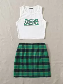 SHEIN Qutie 字母圖案羅紋針織短版背心上衣和格紋半身裙套裝