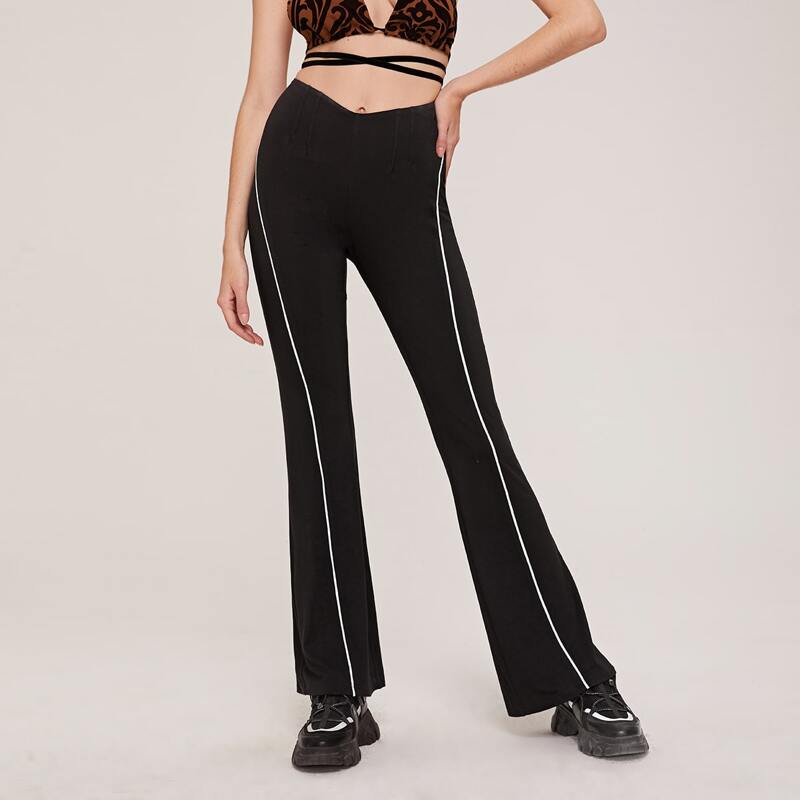 

Contrast Piping Flare Leg Pants, Black
