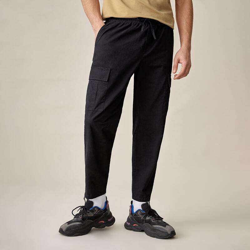 

Guys Drawstring Waist Flap Pocket Side Pants, Black