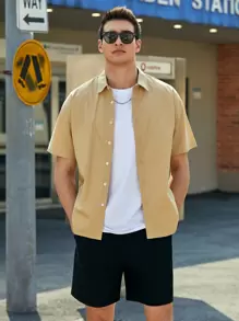 Manfinity NiteLyfe Camisa unicolor de hombros caídos - Caqui - Ver 1