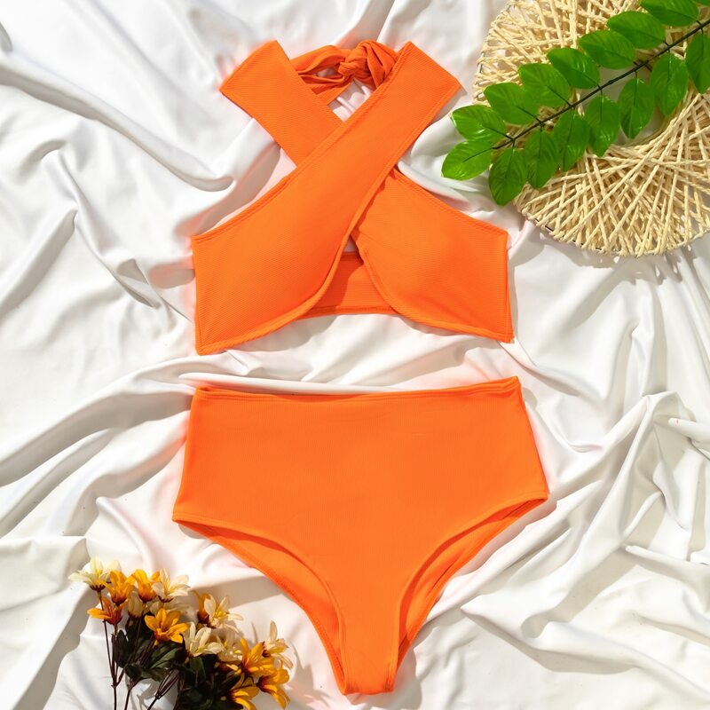 

Rib Cross Halter High Waisted Bikini Swimsuit, Orange