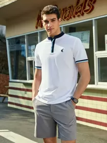 GENTILAND Men Cotton Contrast Trim Bird Embroidered Polo Shirt - White - View 1