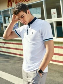 GENTILAND Men Cotton Contrast Trim Bird Embroidered Polo Shirt - White - View 3
