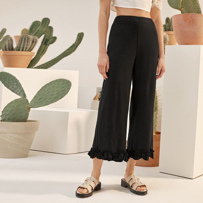 

Wide Leg Ruffle Hem Pants, Black