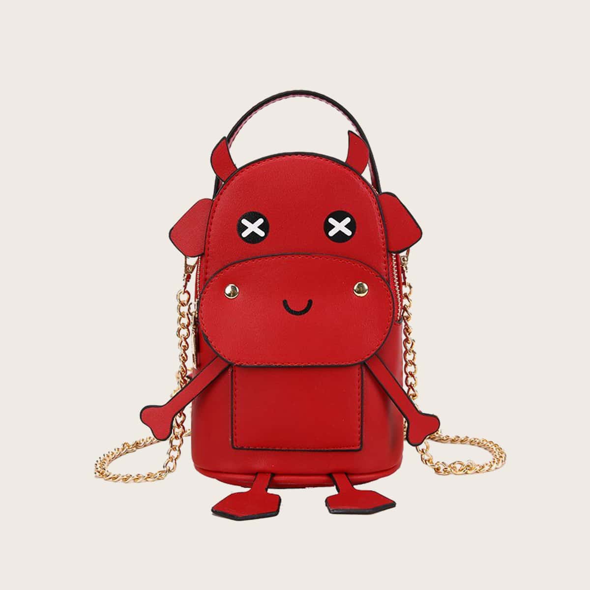 

Cartoon Cow Chain Satchel Bag, Red