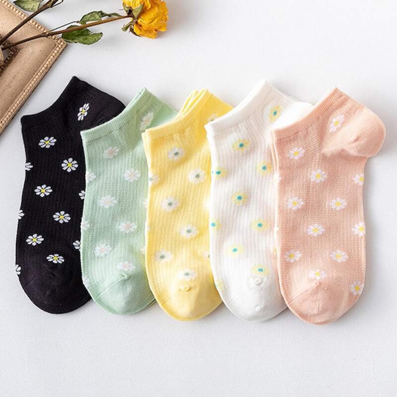 

5pairs Daisy Floral Ankle Socks, Multicolor
