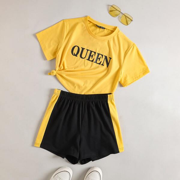 

Letter Graphic Tee & Side Seam Shorts Set, Multicolor