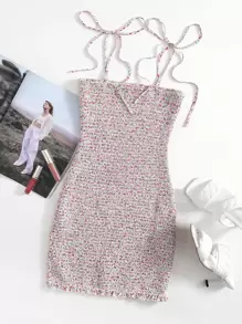 SHEIN Knot Strap Shirred Ditsy Floral Dress - Multicolor - View 1