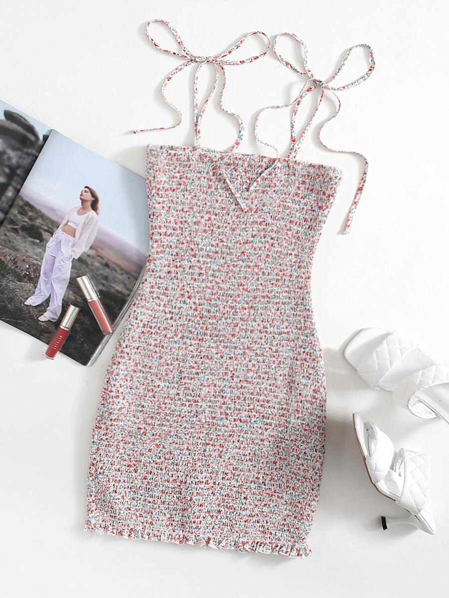 SHEIN Knot Strap Shirred Ditsy Floral Dress - Multicolor - View 1