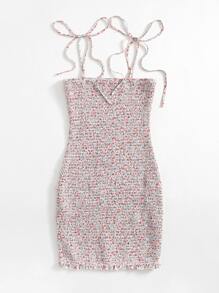 SHEIN Knot Strap Shirred Ditsy Floral Dress - Multicolor - View 2