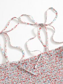 SHEIN Knot Strap Shirred Ditsy Floral Dress - Multicolor - View 3
