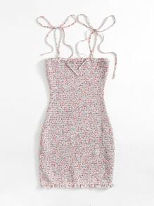 SHEIN Knot Strap Shirred Ditsy Floral Dress - Multicolor - View 5