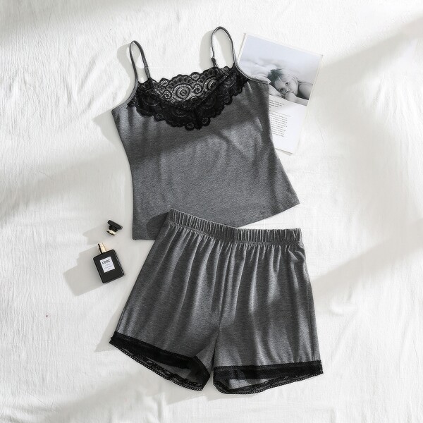 

Contrast Lace Detail Cami Top & Shorts Set, Dark grey