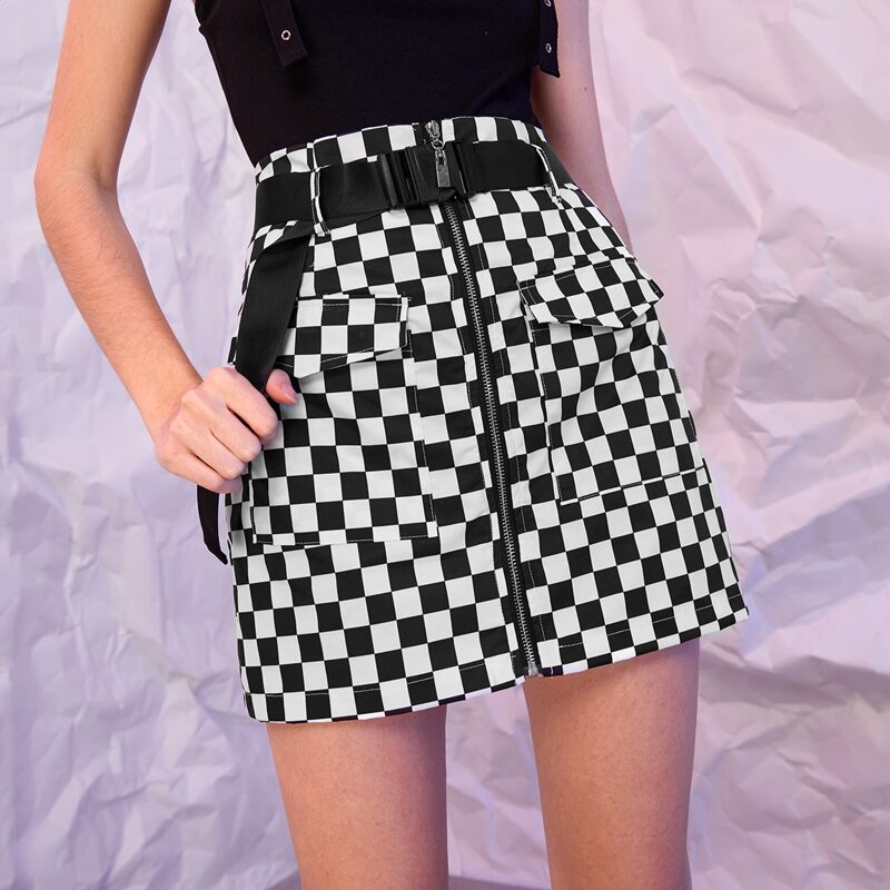 

Checkerboard Cargo Skirt With Belt, Black and white