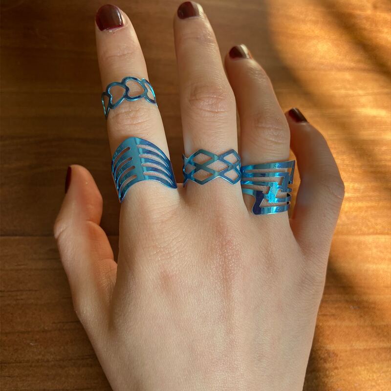 

4pcs Geo & Heart Wide Ring, Blue