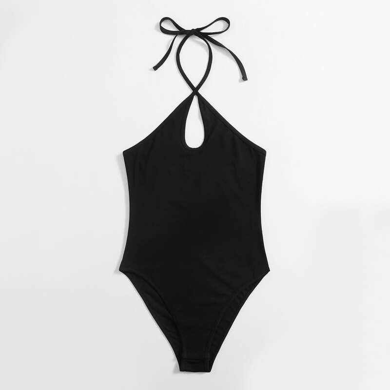 

Solid Halter Cut Out Bodysuit, Black