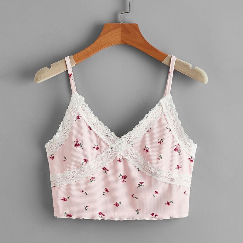 

Contrast Lace Ditsy Flower Crop Cami, Multicolor