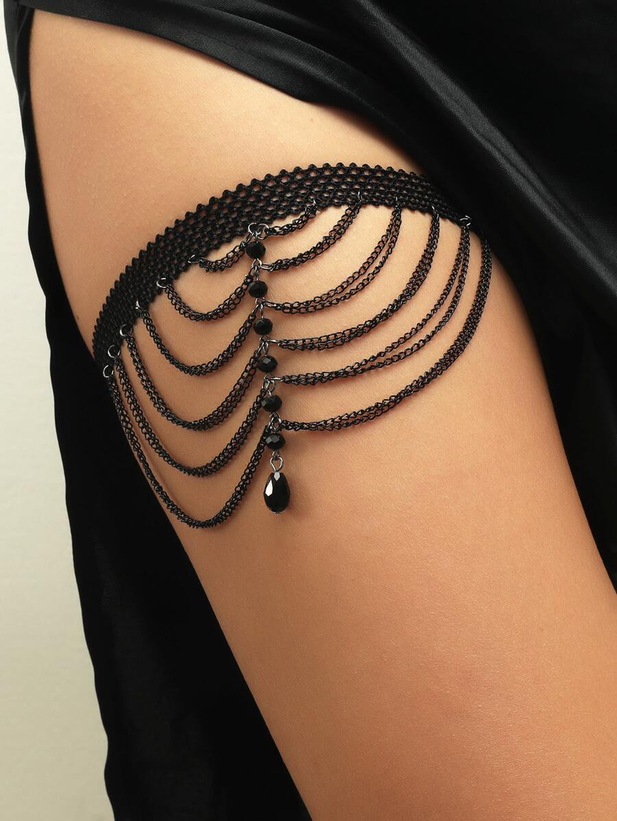 Crystal Charm Thigh Chain - Black - View 1