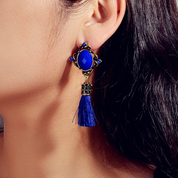 

Gemstone Decor Tassel Drop Earrings, Royal blue