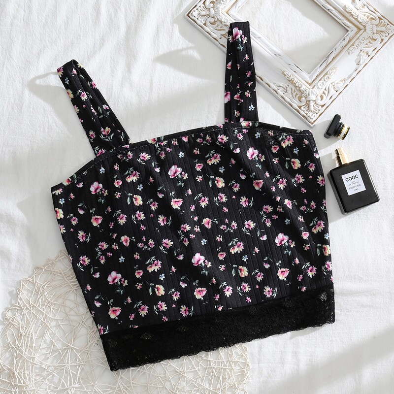 

Ditsy Floral Contrast Lace Crop Cami Top, Black