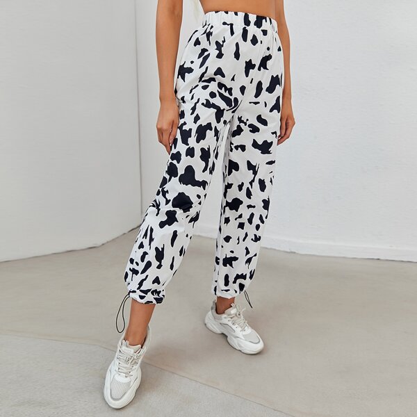 

Cow Print Elastic Waist Drawstring Hem Tapered Pants, Black and white