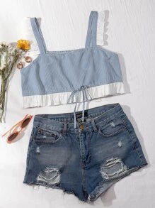 SHEIN Unity Plaid Print Frill Trim Crop Top - Blue and White - View 1