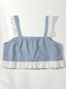 SHEIN Unity Plaid Print Frill Trim Crop Top - Blue and White - View 2