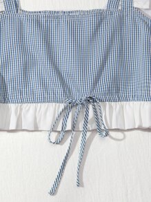 SHEIN Unity Plaid Print Frill Trim Crop Top - Blue and White - View 3