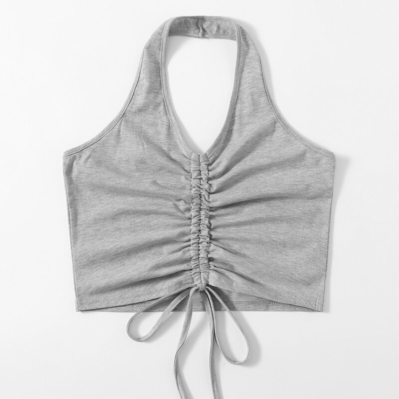 

Solid Drawstring Halter Crop Top, Light grey