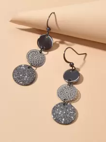 Hollow Out Disc Drop Earrings - Black - View 1