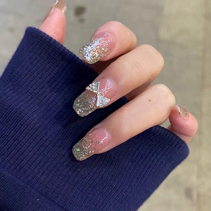

24pcs Bow Decor Glitter Fake Nail, Pink