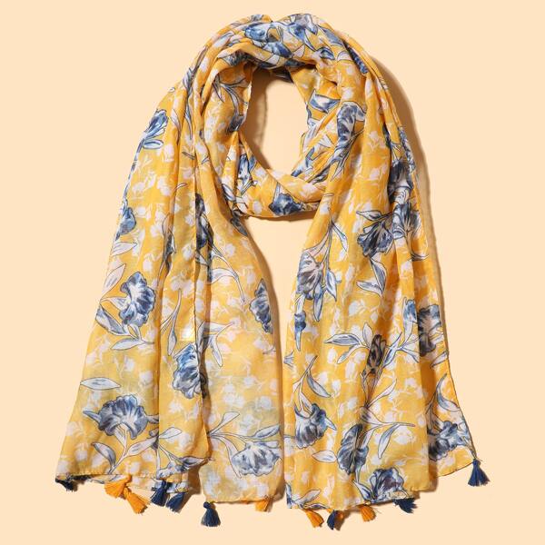 

Flower Pattern Tassel Hem Scarf, Multicolor
