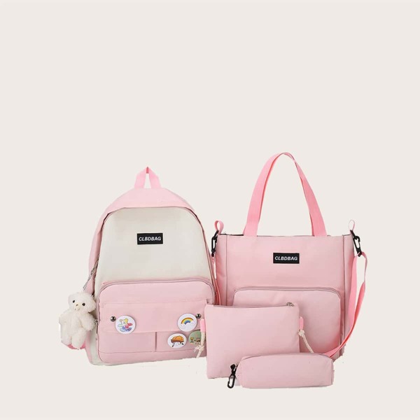 

4pcs Girls Cartoon Badges Decor Backpack Set, Baby pink