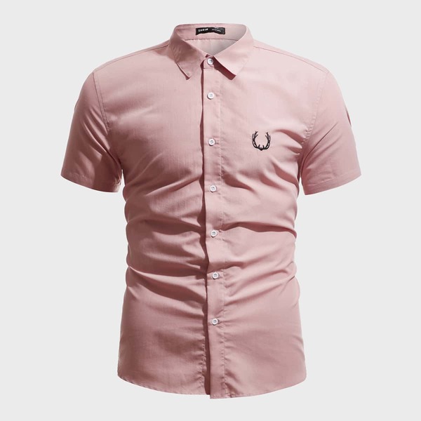 

Men Collared Graphic Embroidery Shirt, Coral pink