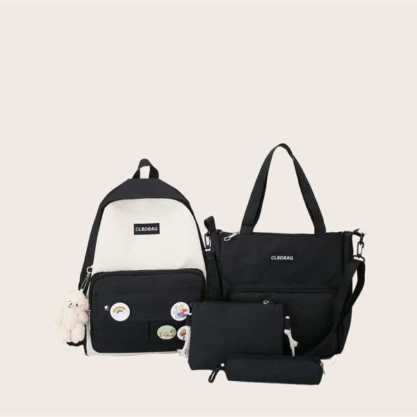 

4pcs Kids Cartoon Badges Decor Backpack Set, Black