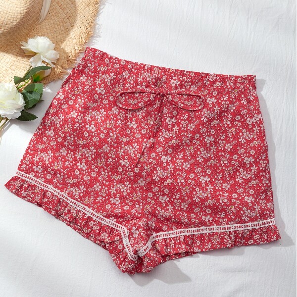 

Ditsy Floral Frill Hem Shorts, Red and white