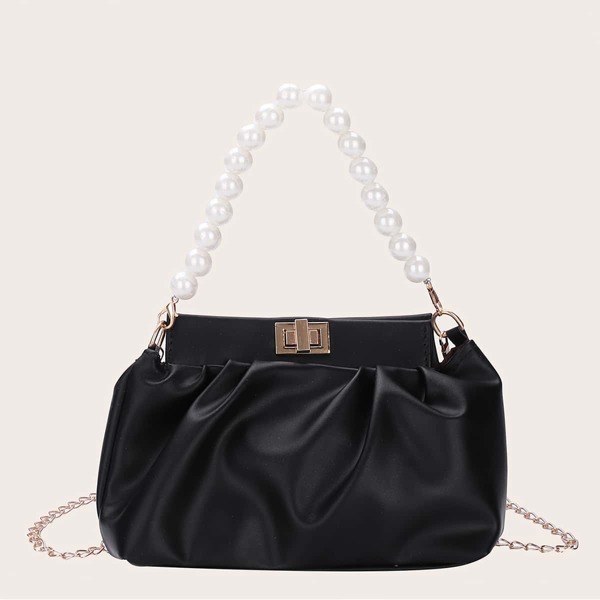 

Faux Pearl Handle Ruched Bag, Black